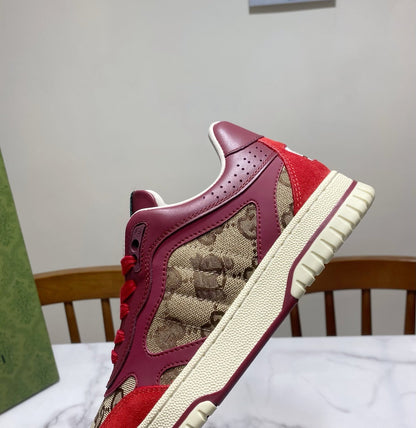 GUCCI 26S RE-WEB TRAINER SNEAKERS IN RED CALFSKIN AND BEIGE CANVAS