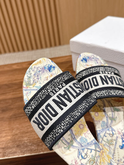 DIOR 26S SLIDE SANDALS IN MULTICOLOR FLORAL MAP PRINT LOGO STRAP