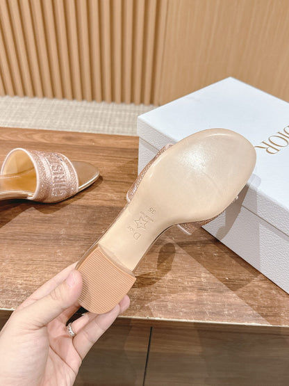 DIOR 26S D-CLUB EMBROIDERED HEELED SLIDES IN ROSE GOLD