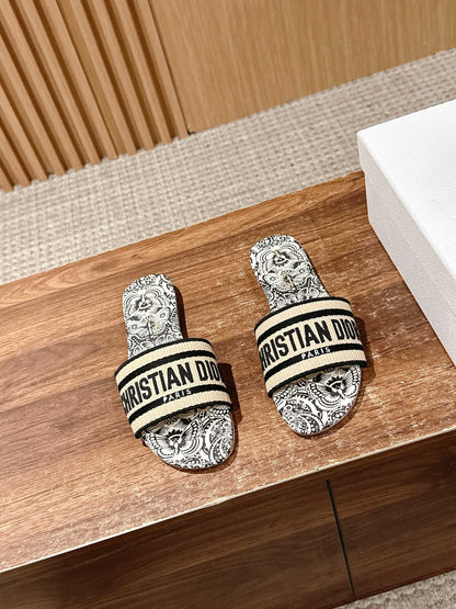 DIOR 26S D-CLUB EMBROIDERED SLIDES IN BLACK TOILE DE JOUY