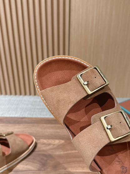 LP 26S DOUBLE BUCKLE SLIDES IN BROWN SUEDE GOLD HARDWARE