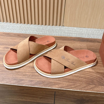 LP 26S CROSS STRAP SLIDES SANDAL IN BROWN SUEDE