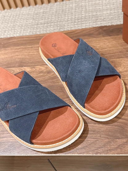 LP 26S CROSS STRAP SLIDES SANDAL IN NAVY BLUE SUEDE