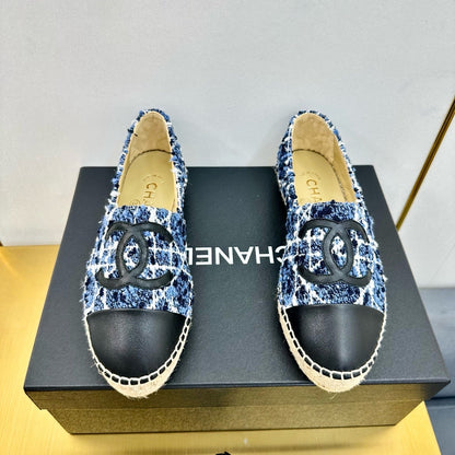 CC ESPADRILLES PLATFORM 25S IN BLUE TWEED MIX BLACK CALFSKIN