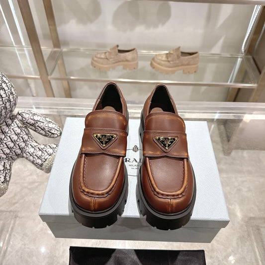 PRADA 25S THICK-SOLE LOAFERS 60 MM IN BROWN SMOOTH CALFSKIN