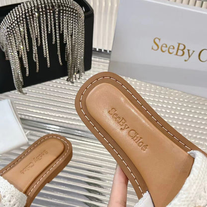 CHLOÉ WOVEN SLIDE MULE IN WHITE WOOL AND BROWN LAMBSKIN GOLD HARDWARE