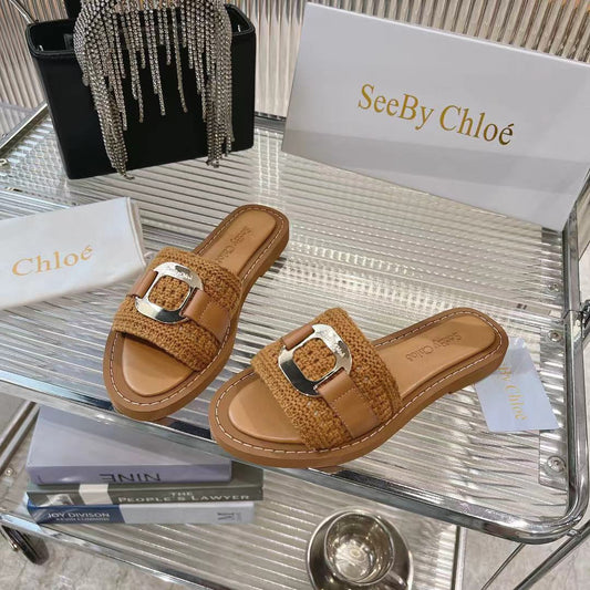 CHLOÉ WOVEN SLIDE MULE IN RUSSET BROWN WOOL AND LAMBSKIN GOLD HARDWARE