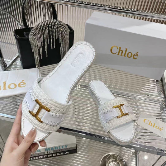 CHLOÉ WOVEN SLIPPER IN WHITE WOOL AND LAMBSKIN GOLD HARDWARE