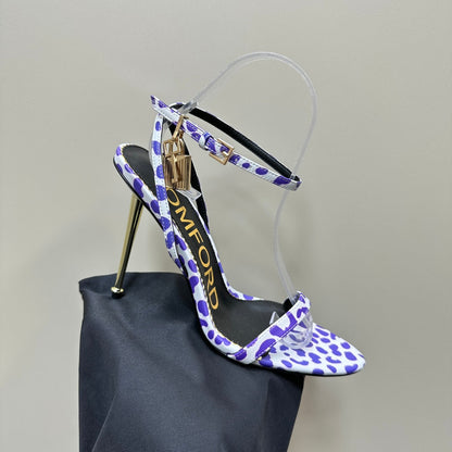 PADLOCK POINTY SANDAL 10 CM IN WHITE MIX IRIS PURPLE CALFSKIN