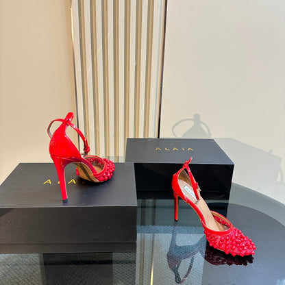 ALAIA HIGH FISHNET PUMPS WITH STUDS IN CHERRY RED LYCRA MESH AND LAMBSKIN