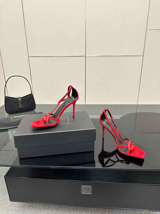 BALMAIN 25S LIPS SANDALS 10 IN CRIMSON RED SUEDE