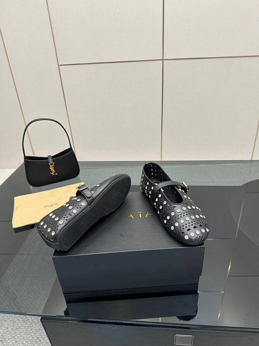 ALAIA BALLET SHOES 25S IN BLACK LAMBSKIN WITH CRYSTAL DETAILING