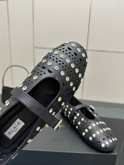ALAIA BALLET SHOES 25S IN BLACK LAMBSKIN WITH CRYSTAL DETAILING