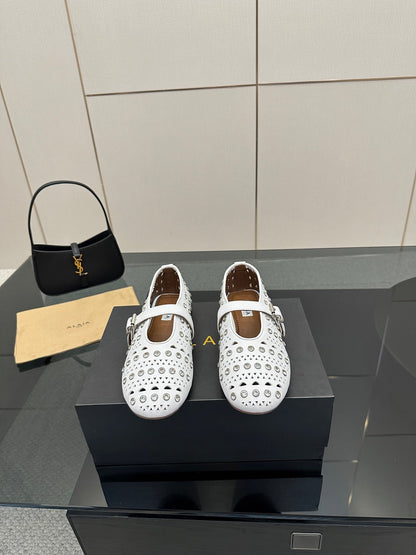 ALAIA BALLET SHOES 25S IN WHITE LAMBSKIN WITH CRYSTAL DETAILING