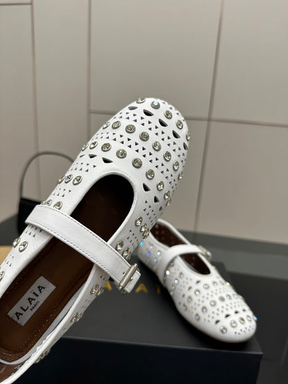 ALAIA BALLET SHOES 25S IN WHITE LAMBSKIN WITH CRYSTAL DETAILING