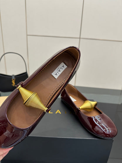 ALAIA BALLET SHOES 25S IN DARK RED PATENT LEATHER WITH GOLD HARDWARE