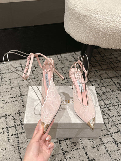 JIMMY CHOO 26S SLINGBACK HEELS 95 MM IN LIGHT PINK LACE