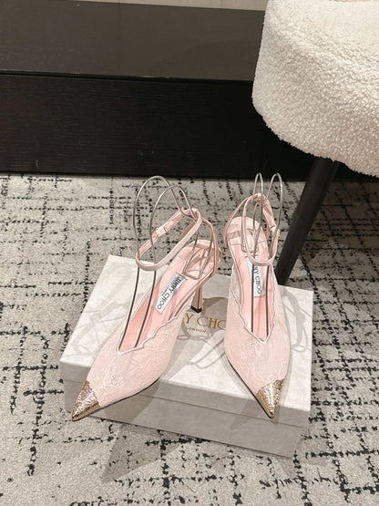JIMMY CHOO 26S SLINGBACK HEELS 95 MM IN LIGHT PINK LACE