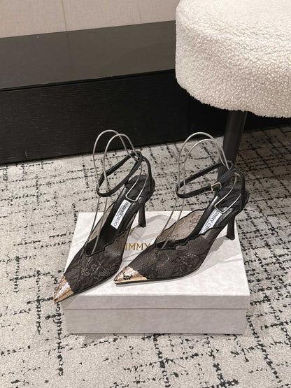 JIMMY CHOO 26S SLINGBACK HEELS 95 MM IN BLACK LACE