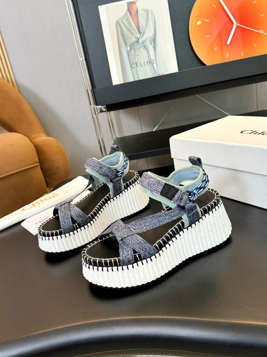 CHLOÉ NAMA WEDGE SANDALS IN GREY FABRIC AND WHITE RUBBER