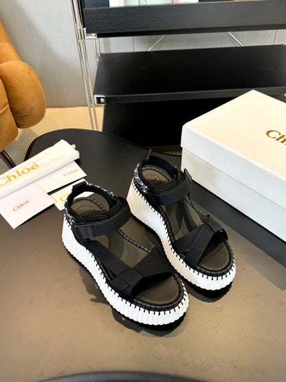 NAMA WEDGE SANDALS IN BLACK FABRIC AND WHITE RUBBER