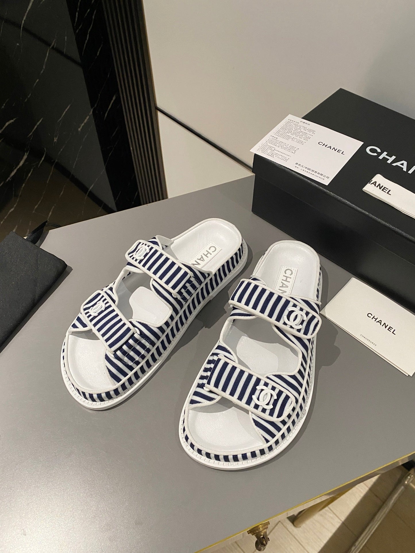 dad sandal mule striped dark blue white fabric calfskin