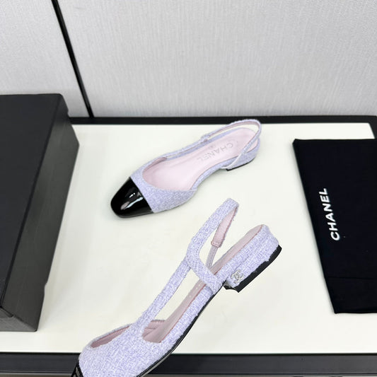 SLINGBACK LIGHT BLUE TWEED AND BLACK CALFSKIN