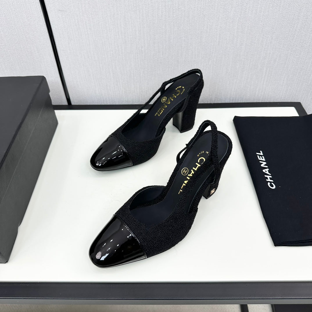 HIGH SLINGBACK BLACK TWEED AND CALFSKIN