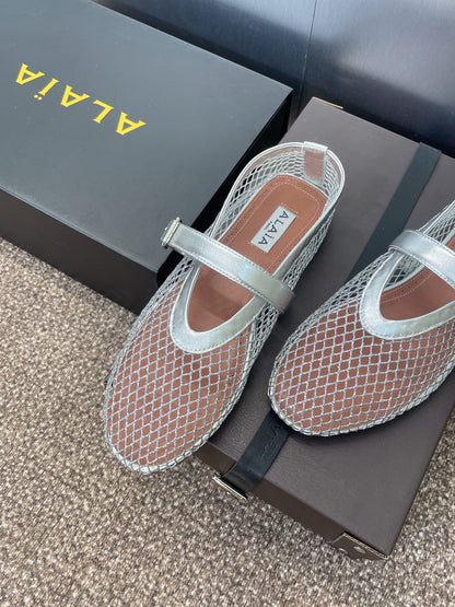 ALAIA MARY JANE FLAT 25S IN SILVER MESH CALFSKIN