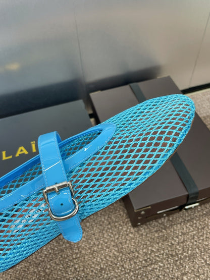 ALAIA MARY JANE FLAT 25S IN BLUE MESH CALFSKIN