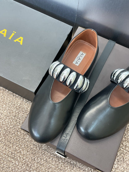 ALAIA MARY JANE FLATS 25S IN BLACK CALFSKIN WITH SILVER HARDWARE
