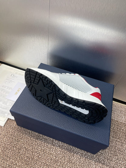 DIOR 25S D-RUN'N COUPLE SNEAKERS IN WHITE RED CALFSKIN AND MESH