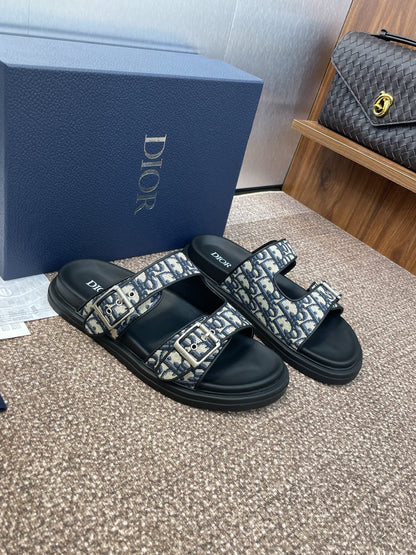 DIOR 25S DIORACT SLIDE IN DEEP BLUE CALFSKIN AND CANVAS SILVER HARDWARE