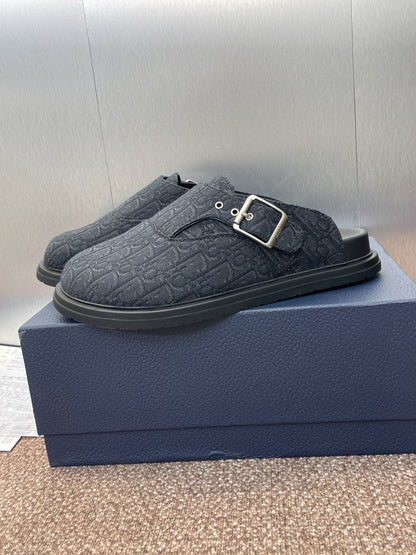 DIOR 25S AQUA MULES WITH OBLIQUE PATTERN IN DARK BLUE CANVAS