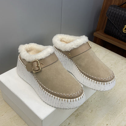 CHLOÉ 26S FUR-LINED WEDGE MULES IN DARK BEIGE SUEDE