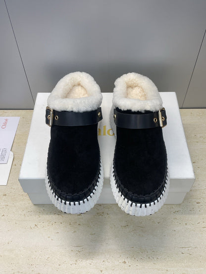 CHLOÉ 26S FUR-LINED WEDGE MULES IN BLACK SUEDE
