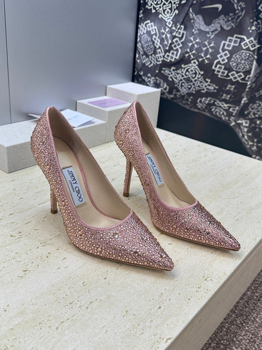 JIMMY CHOO 26S HIGH HEELS 95 MM IN PINK ROSE GOLD CRYSTAL-EMBELLISHED