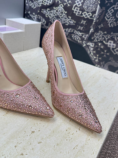 JIMMY CHOO 26S HIGH HEELS 95 MM IN PINK ROSE GOLD CRYSTAL-EMBELLISHED