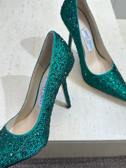 JIMMY CHOO 26S HIGH HEELS 95 MM IN GREEN CRYSTAL-EMBELLISHED
