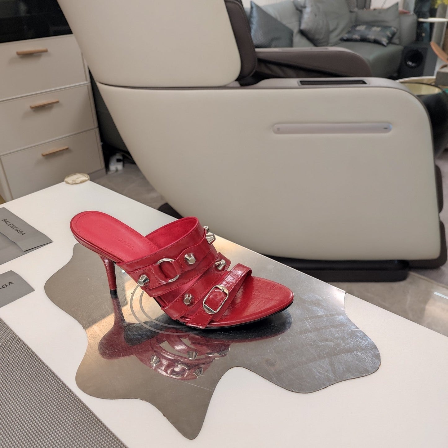 STRAPPY HIGH-HEELED SANDALS IN RED STUDDED WAX-OIL SHEEPSKIN