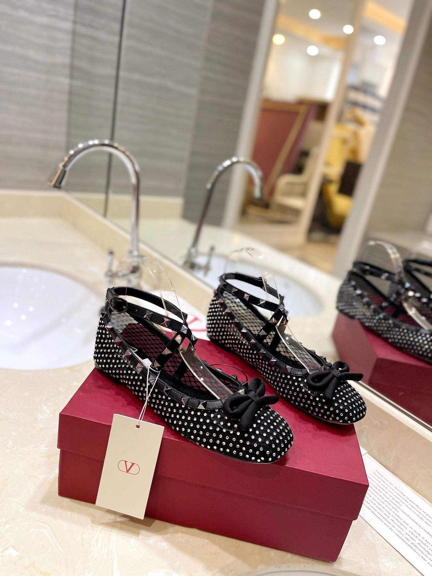 VALENTINO 26S BALLET FLATS IN BLACK CRYSTAL-EMBELLISHED MESH