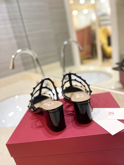 VALENTINO 26S ROCKSTUD CAGED HEELED SANDALS 60 MM IN BLACK PATENT CALFSKIN