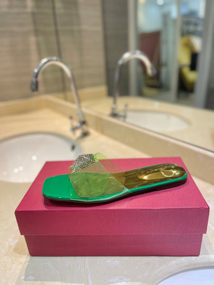 VALENTINO 26S FLAT SLIDES IN GREEN MIX GOLD LAMBSKIN WITH CRYSTAL