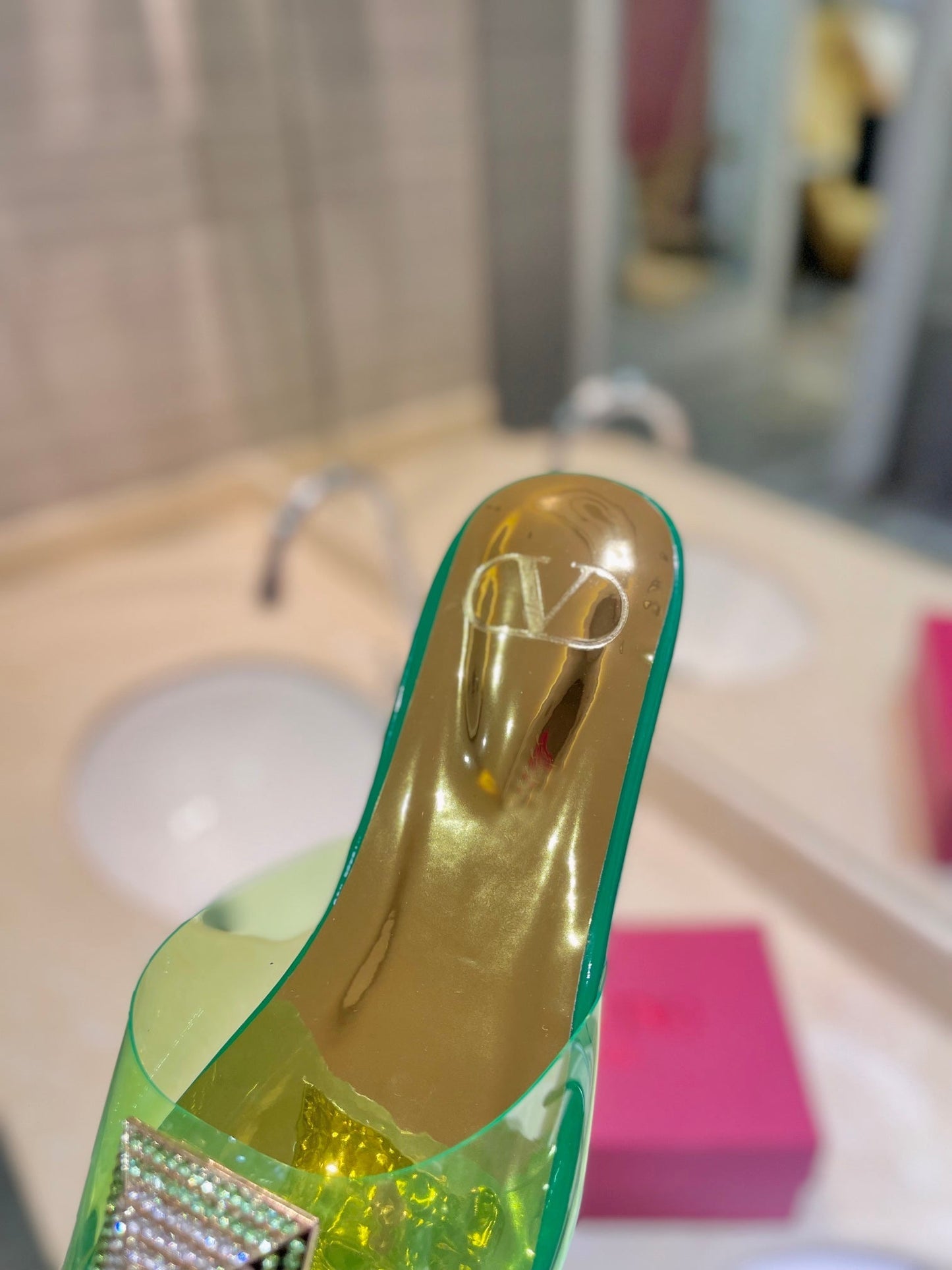 VALENTINO 26S FLAT SLIDES IN GREEN MIX GOLD LAMBSKIN WITH CRYSTAL