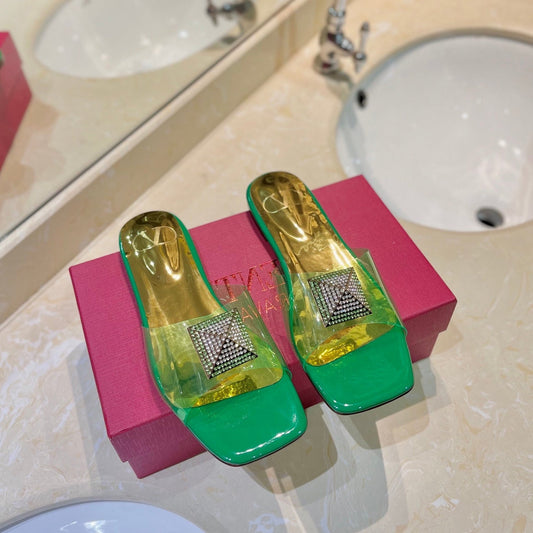 VALENTINO 26S FLAT SLIDES IN GREEN MIX GOLD LAMBSKIN WITH CRYSTAL