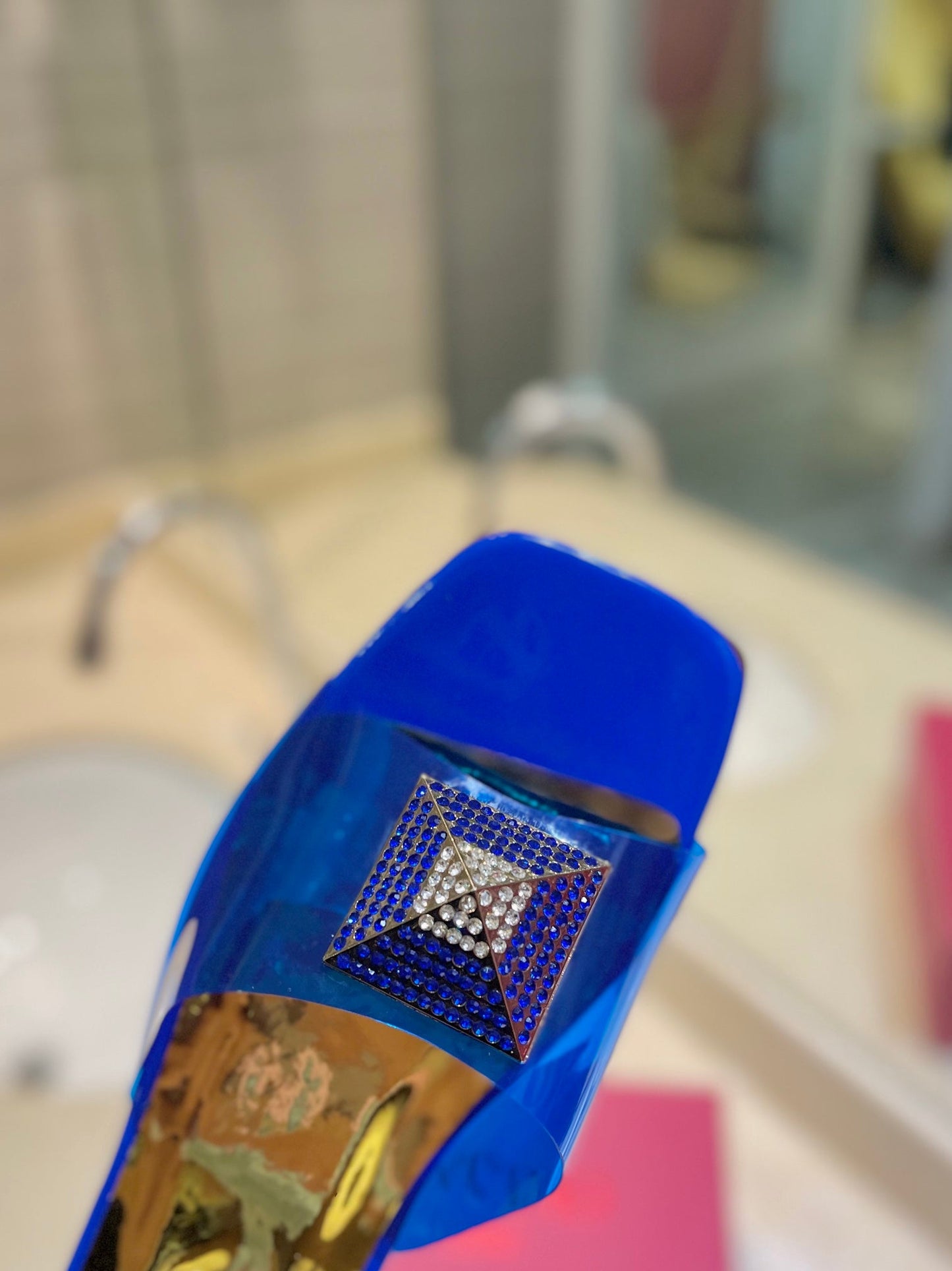 VALENTINO 26S FLAT SLIDES IN BLUE MIX GOLD LAMBSKIN WITH CRYSTAL