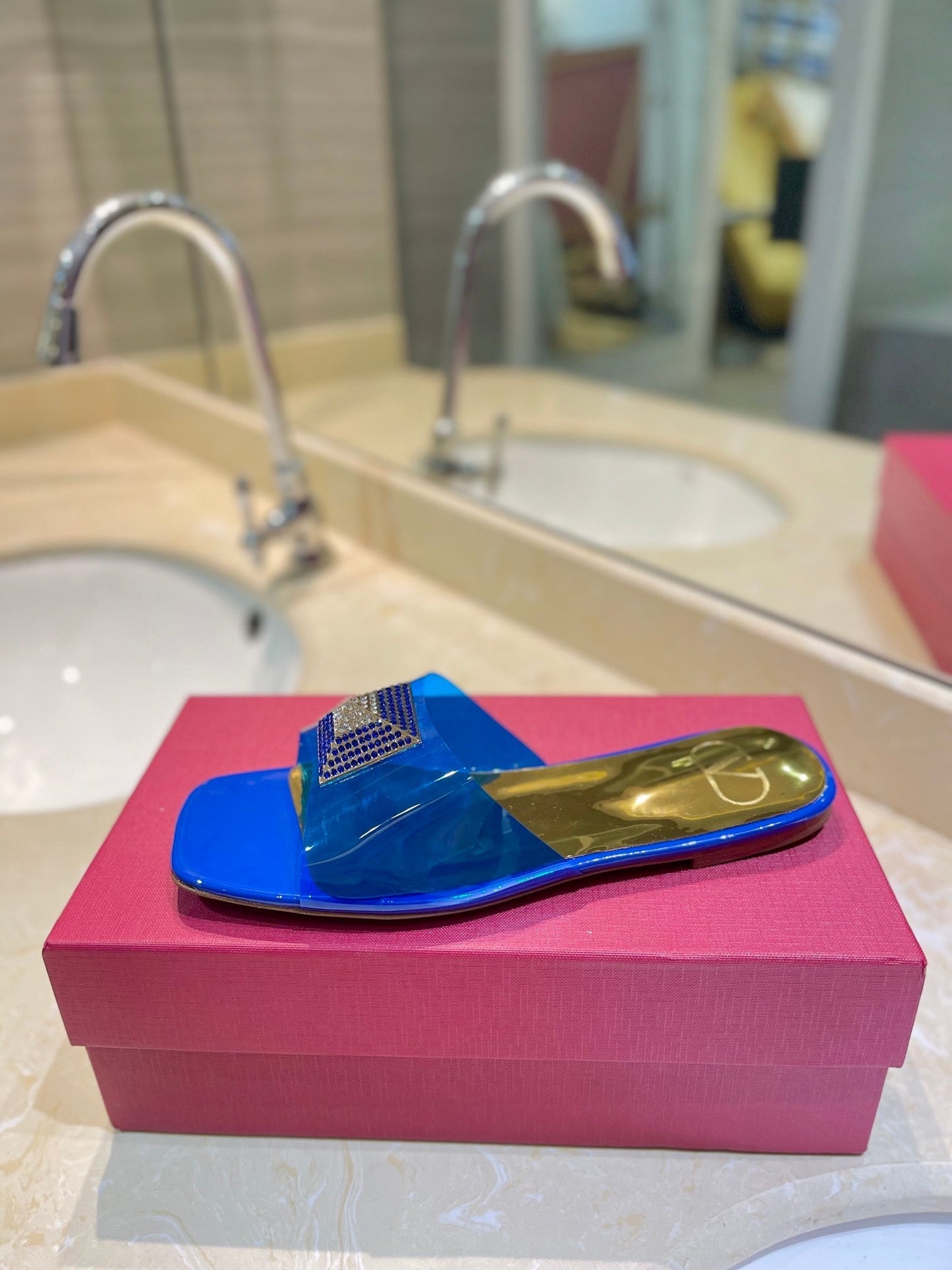 VALENTINO 26S FLAT SLIDES IN BLUE MIX GOLD LAMBSKIN WITH CRYSTAL
