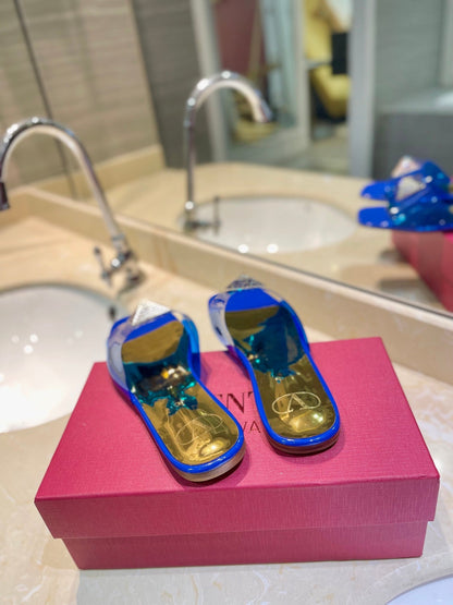 VALENTINO 26S FLAT SLIDES IN BLUE MIX GOLD LAMBSKIN WITH CRYSTAL
