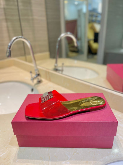 VALENTINO 26S FLAT SLIDES IN RED MIX GOLD LAMBSKIN WITH CRYSTAL