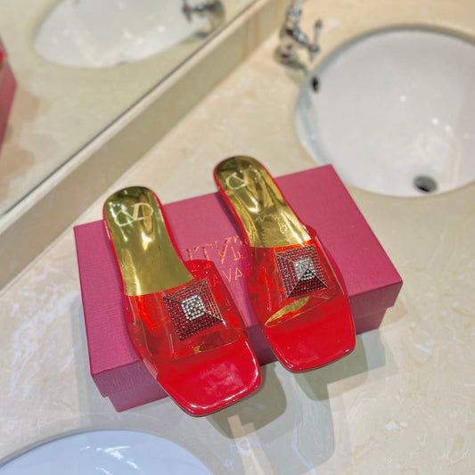 VALENTINO 26S FLAT SLIDES IN RED MIX GOLD LAMBSKIN WITH CRYSTAL